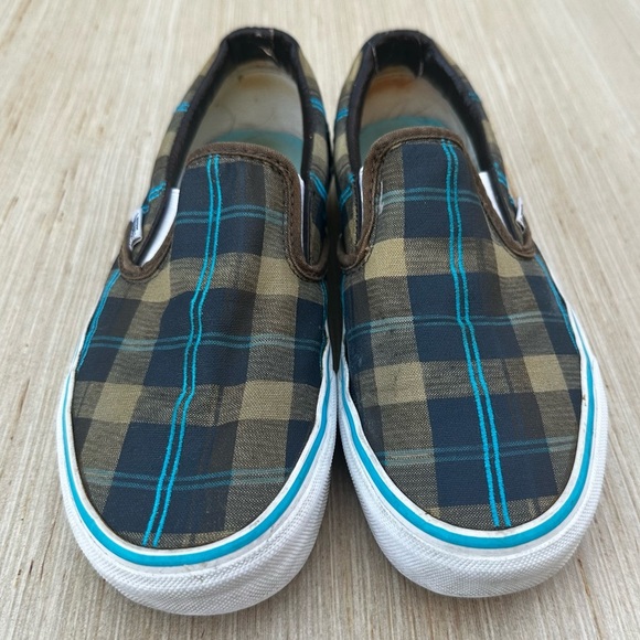 Vans Plaid Slip-On Sneakers Brown Teal Checkered Low Profile Shoes‎ - Picture 1 of 6